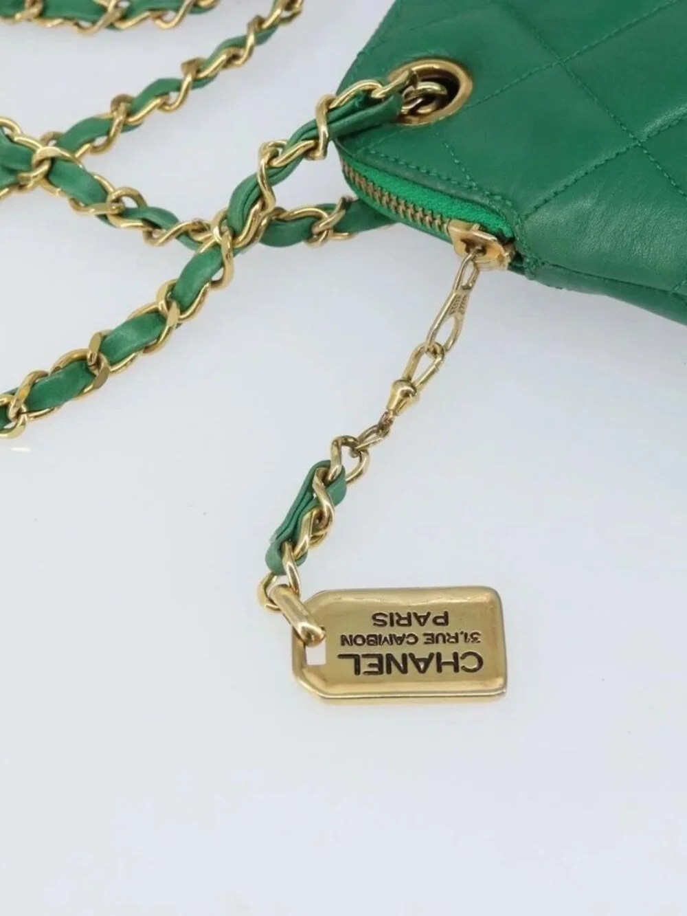 CHANEL Matelasse Chain Shoulder Bag Satin Green Gold CC Auth 168432
